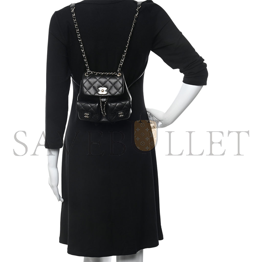 Ch*el shiny caviar quilted small duma pockets drawstring backpack black as3787 (17.5*16.5*10cm)